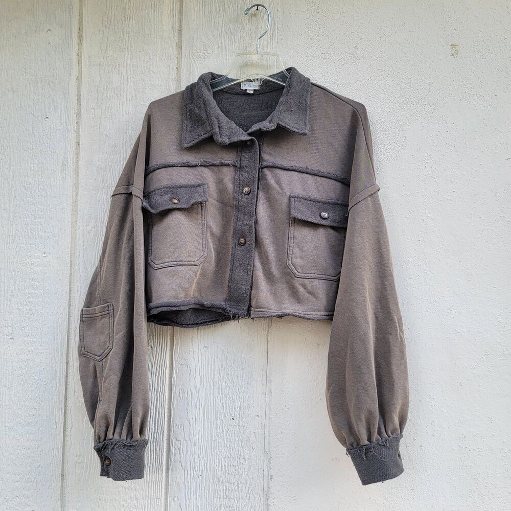 POL cropped jacket distressed exposed seam Brown Green Sz L